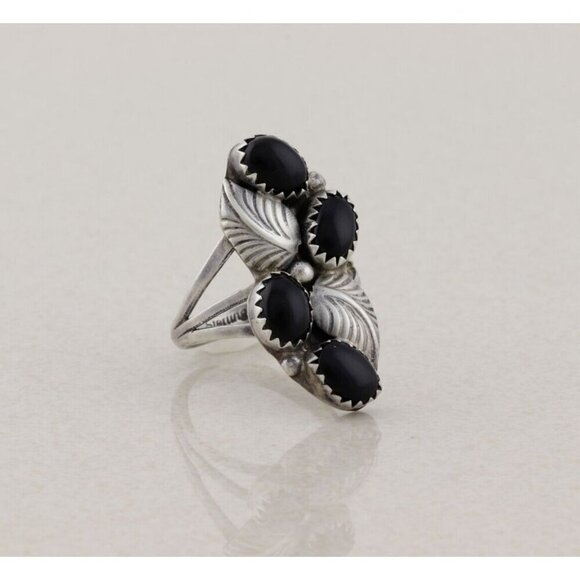 Sterling Silver Natural Onyx Leaf Design Ring Size 7 1/4 - Picture 3 of 6